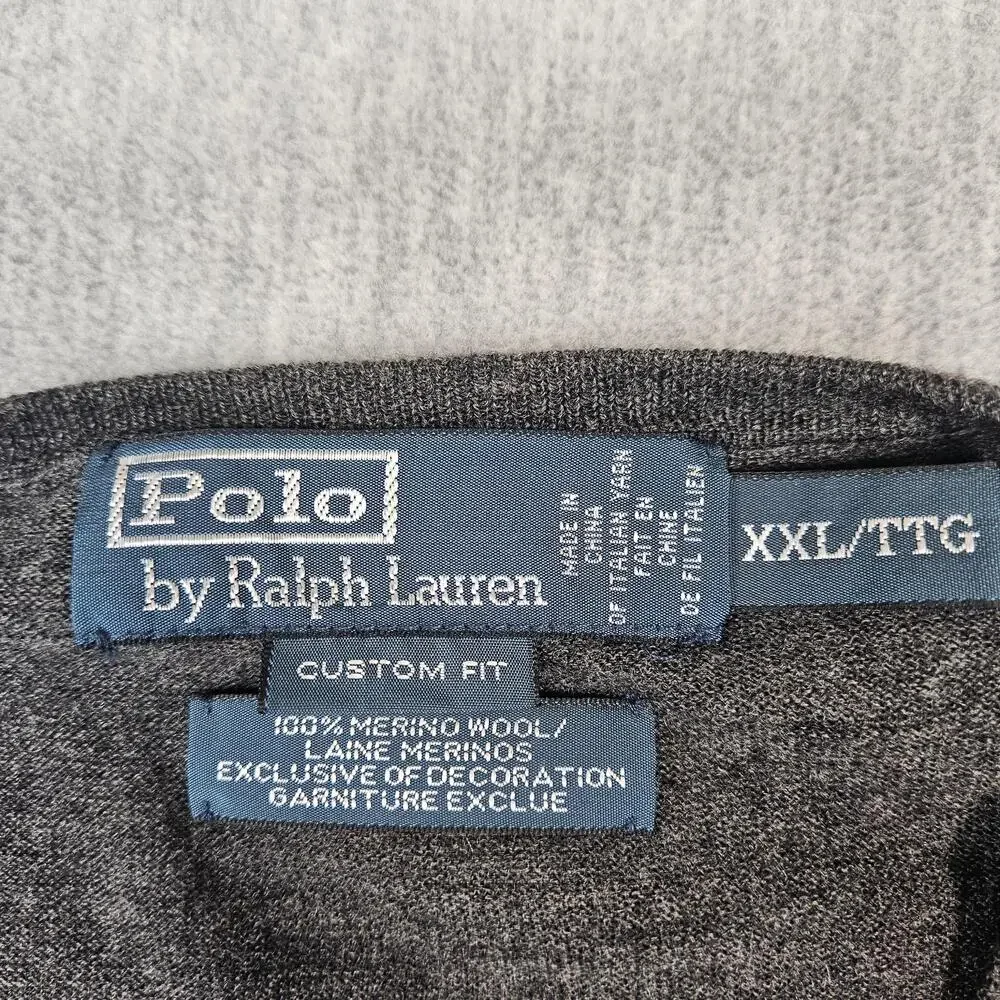 Polo Ralph Lauren Sweater Mens 2XL Gray Merino Wool V-Neck Embroidered Pony